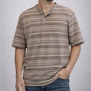 Vintage-Style Neutral Striped Henley Tee | Textured Knit Casual Shirt | Med